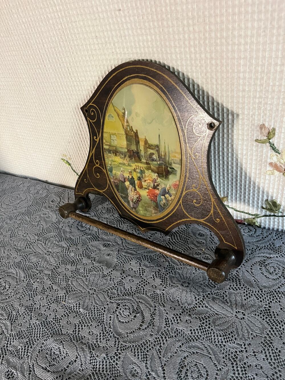 Vintage Wood Towel Bar Rack Dutch Harbor Flower Market Print Gold Scroll Decor